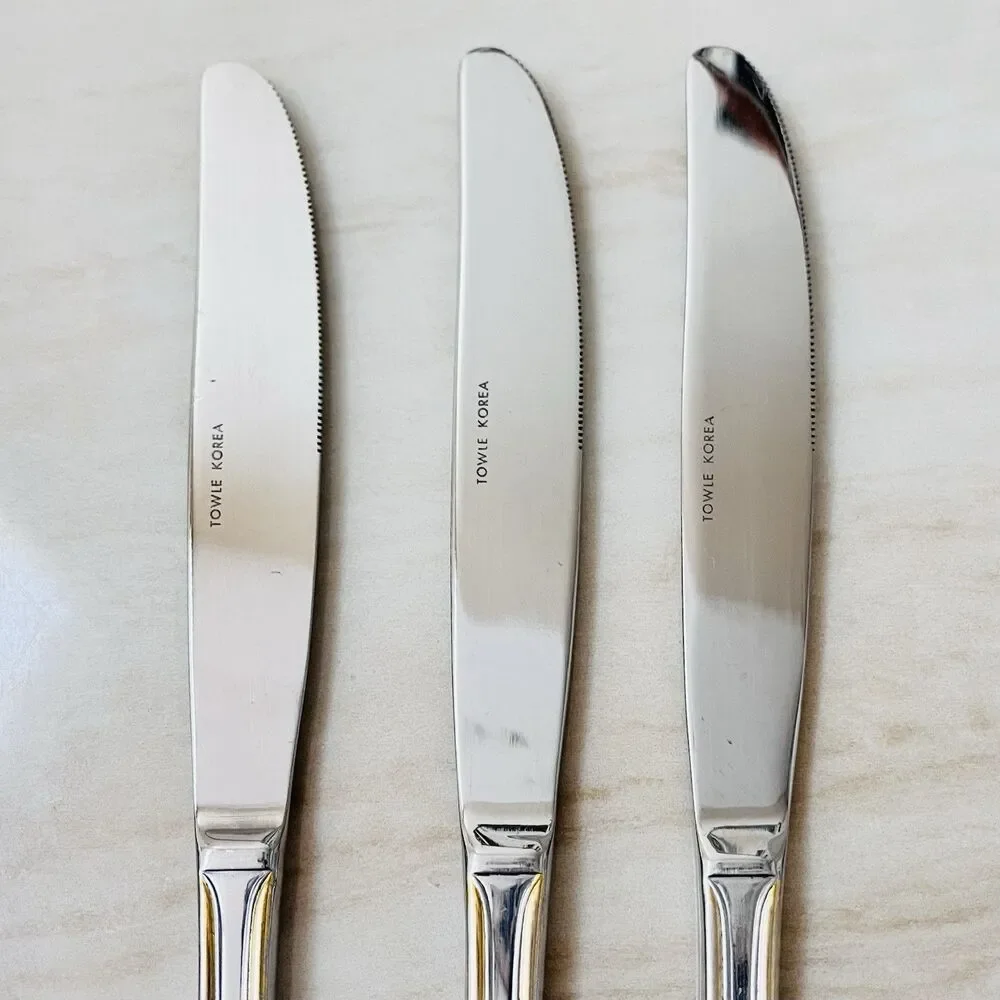3pc TOWLE Beacon Hill Stainless Gold Accent Dinner Knife 9” Supreme 18/8 Glossy